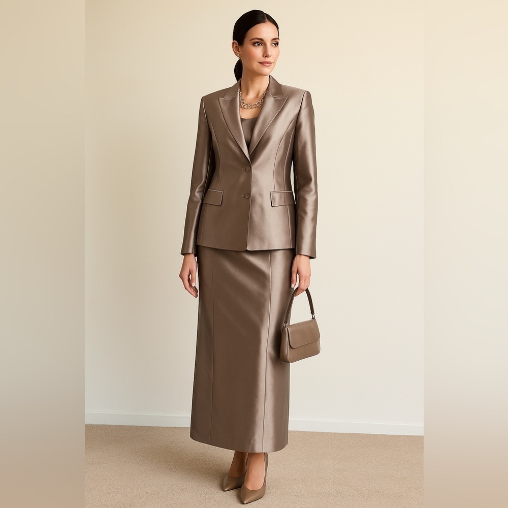 Vintage Silver elegant formal 2-piece skirt suit. Structured jacket. Size 6